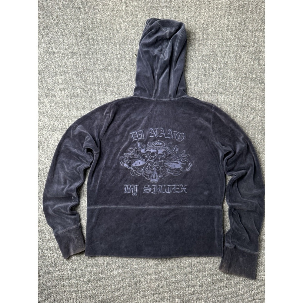 Womens Zip Hoodie Di Namo Velour Blue Skull Graphic, Size M